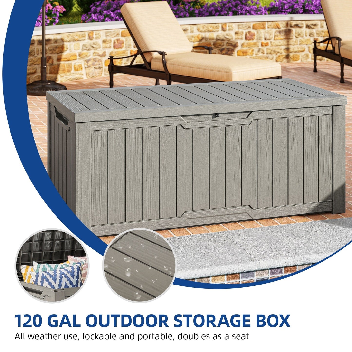 120-260 Gallons Large Resin Water Resistant Lockable Deck Box