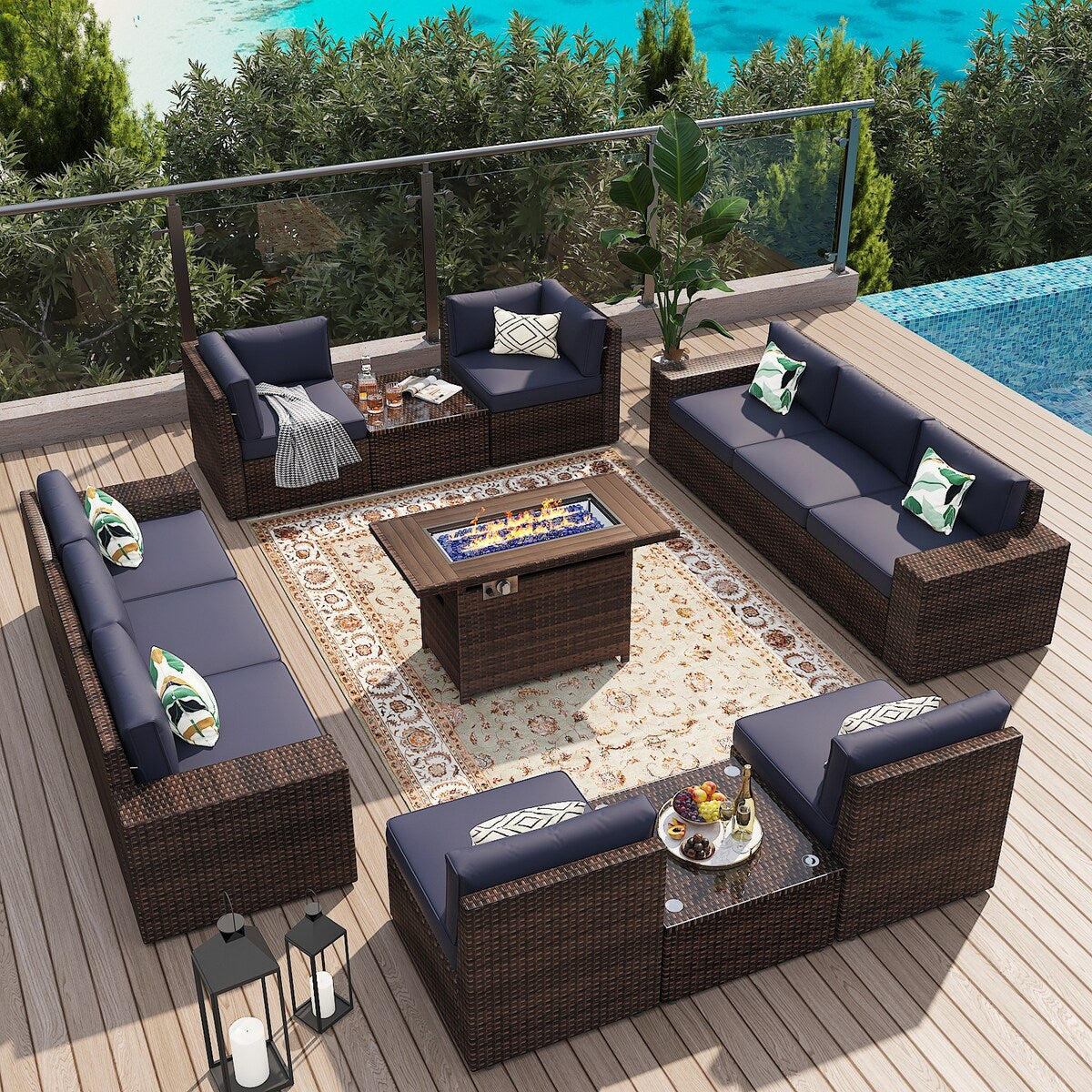 13 Pieces Patio Furniture Set with 44Fire Pit Table