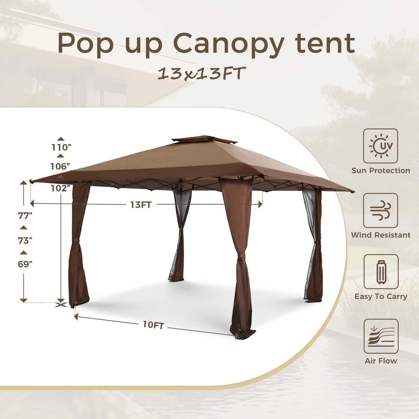 13' x 13' Outdoor Canopy Patio Gazebo Reinforced garden Pop-up Canopy Tentwith Elegant Corner Curtain - 13x13ft