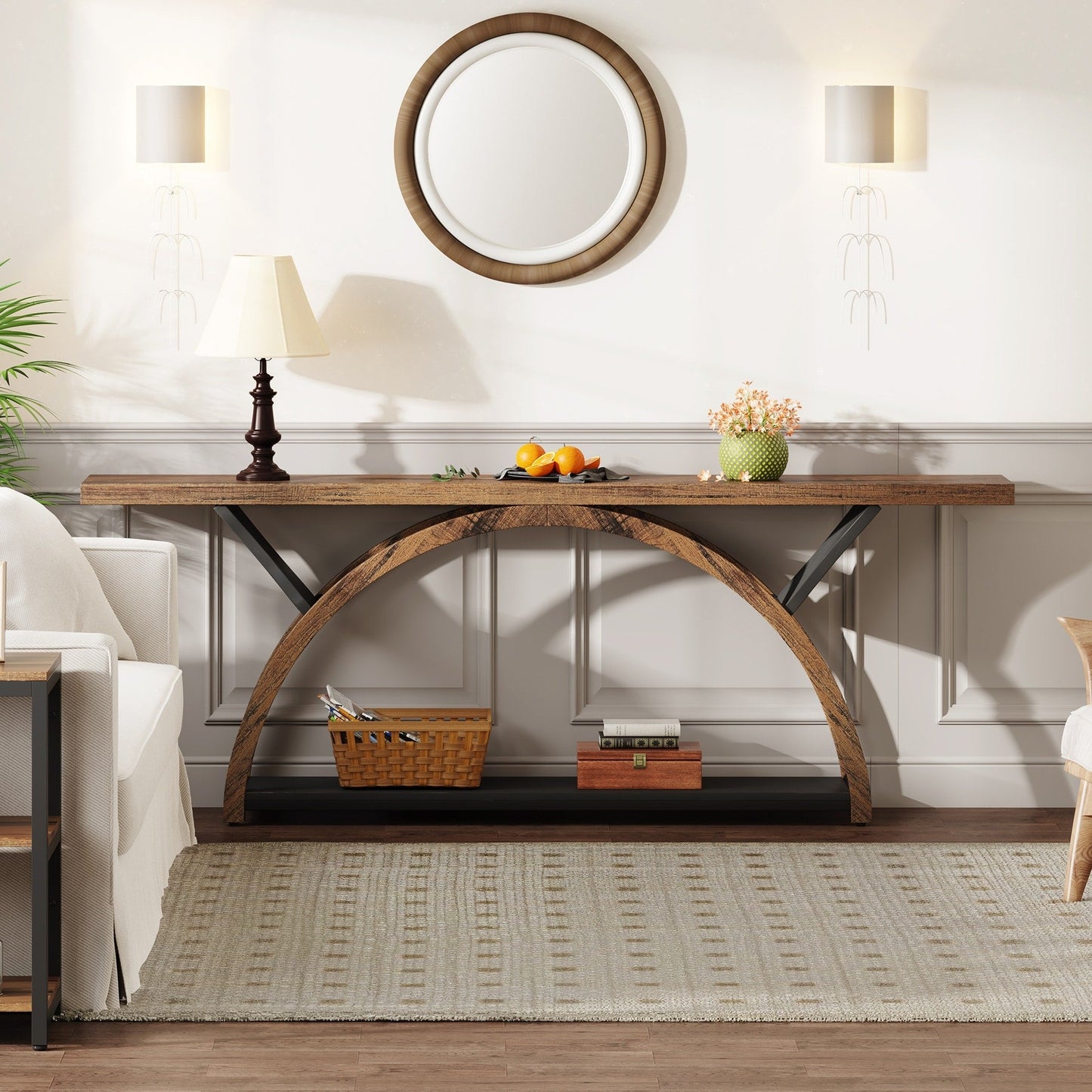 2-Tier Narrow Long Console Sofa Table with Semi-Circular Frame for Entryway,Gray Hallway Accent Tables